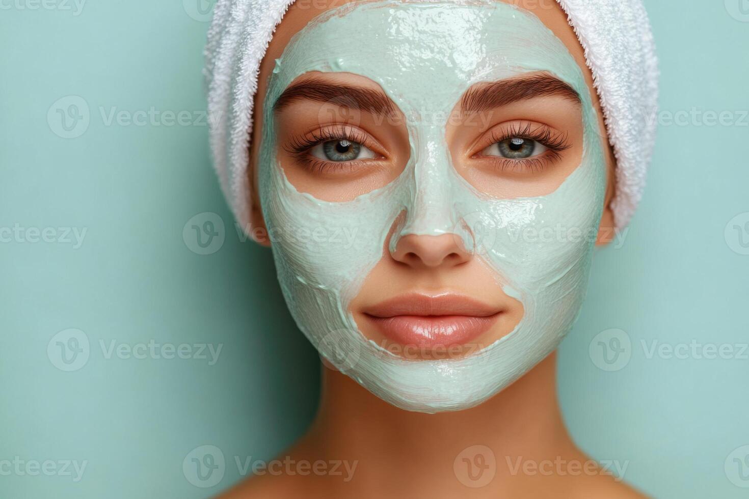 Close up of woman with blue eyes wearing a towel and facial mask on a plain light blue background beauty concept photo