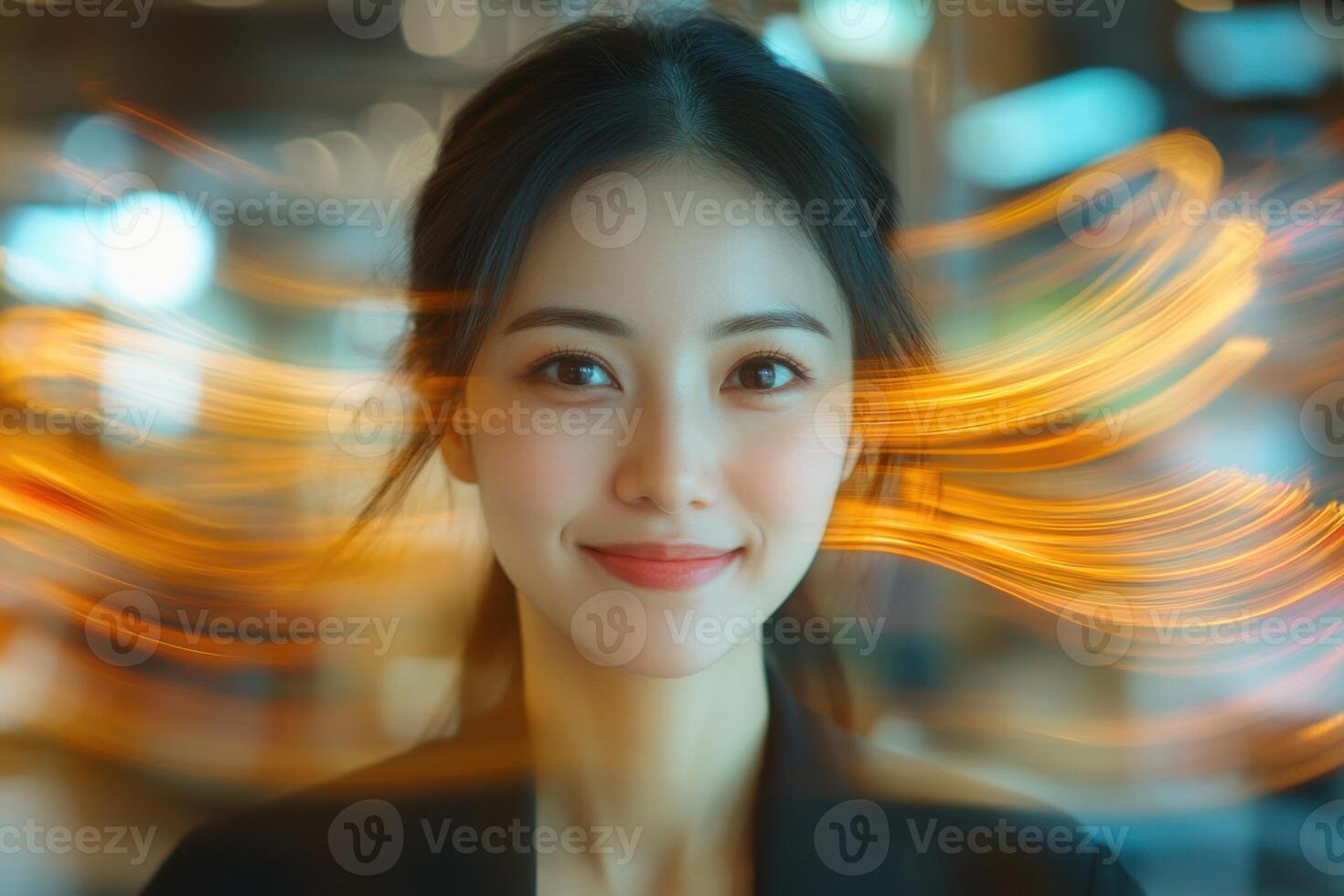 Portrait of a smiling woman with soft light. She has dark hair and a black suit. Blurry lights surround her face. Abstract background. photo
