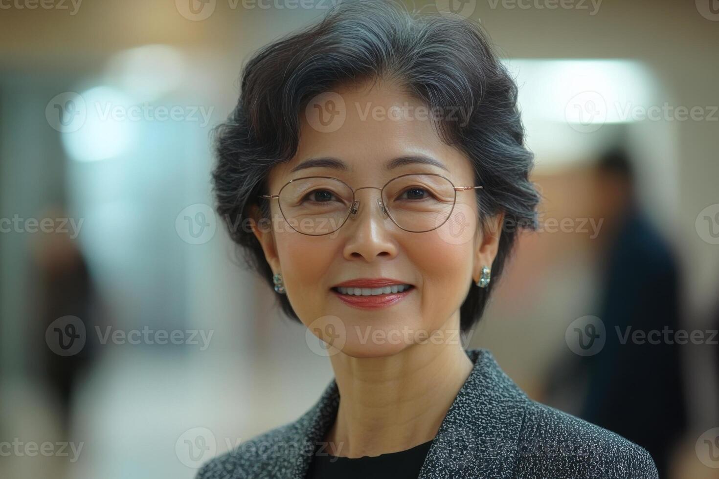 Smiling older woman with glasses looking at camera in office environment. Positive expression. Short grey hair and professional attire. photo