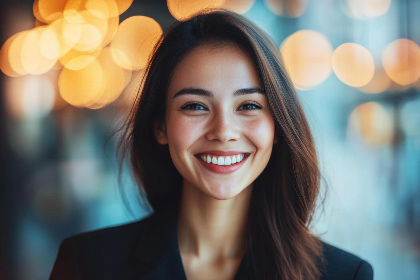 Smiling woman portrait. Brunette hair. Formal jacket. Bokeh background with bright lights. Happy face. White teeth. Dark eyes. Positive expression. Natural makeup. photo