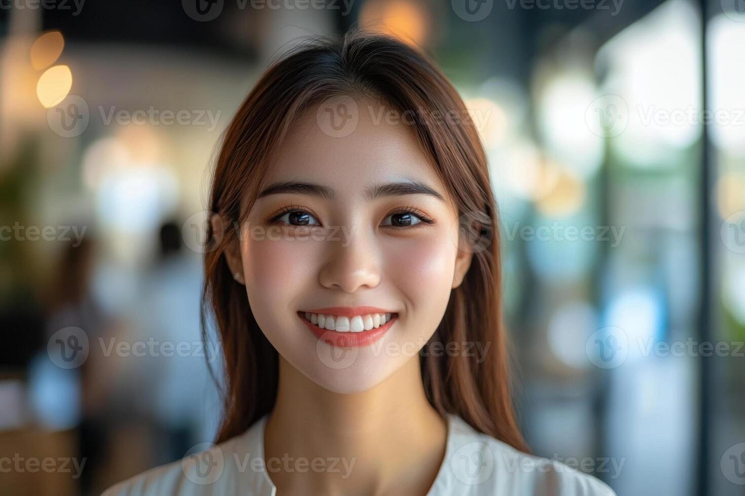 Close up portrait of smiling person. Brunette hair and fair skin. Warm light and blurred background. Happy expression with straight white teeth. photo