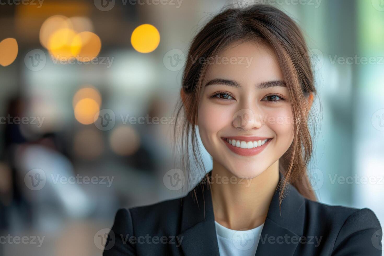 Smiling young professional woman in black jacket. Business person posing indoors with blurred background. Positive attitude and friendly face. photo