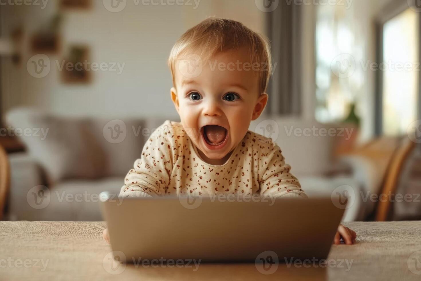 Happy baby looks at a tablet. Child with open mouth watching at screen. Toddler indoor at a wooden table in bright room. photo