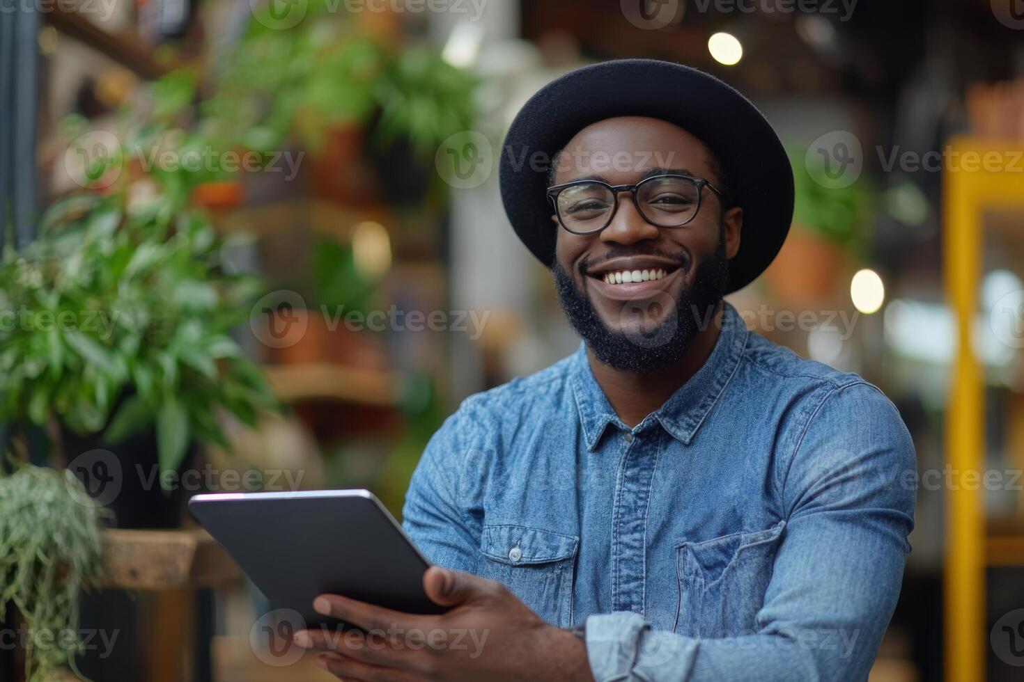 Smiling person holds a tablet device. Plants surround the indoor space. The person wears glasses and a denim shirt with a black hat. photo