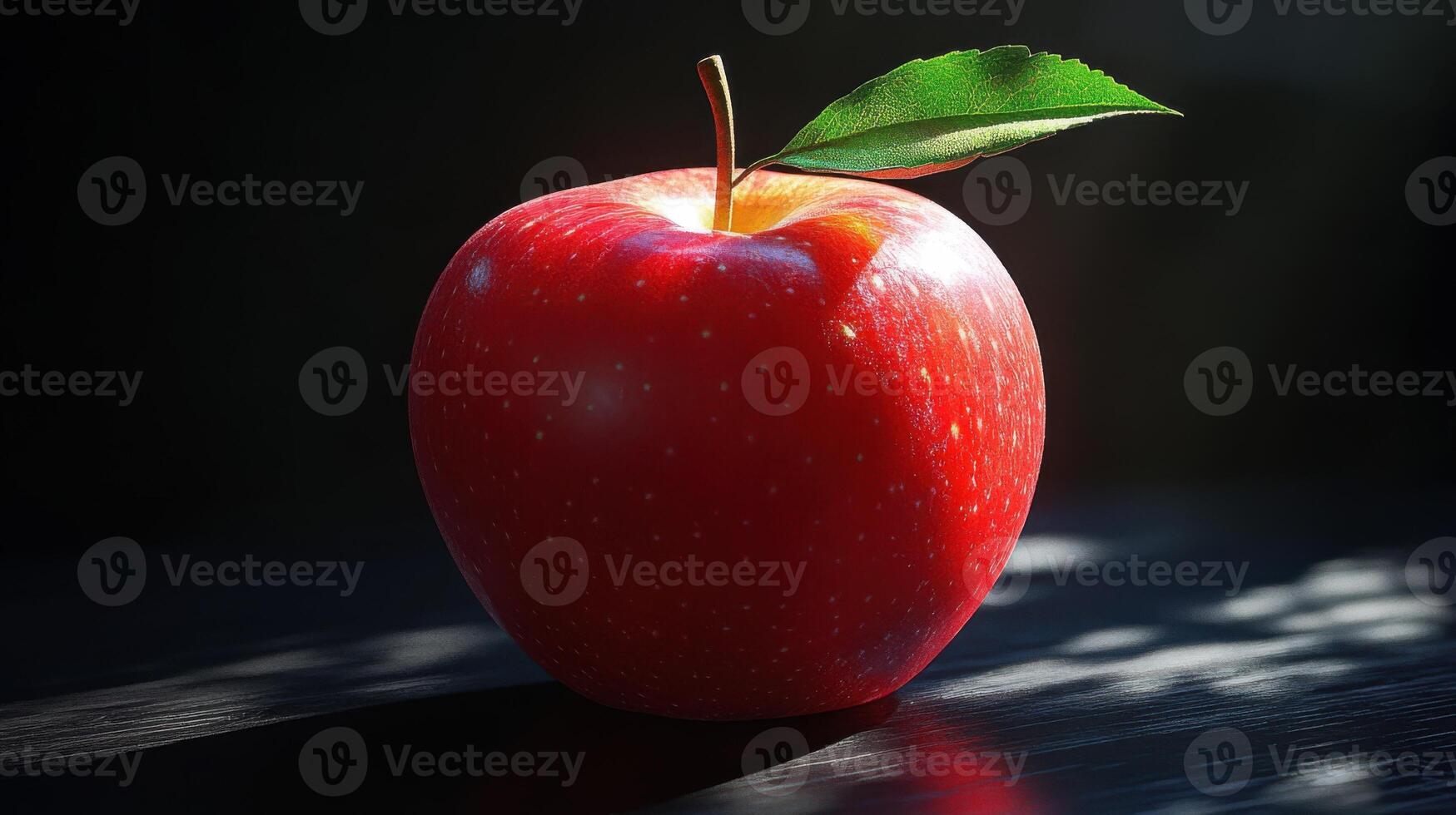 Shiny red apple with green leaf. Fresh fruit on dark wooden table with light stripes. Still life of single apple close up. photo