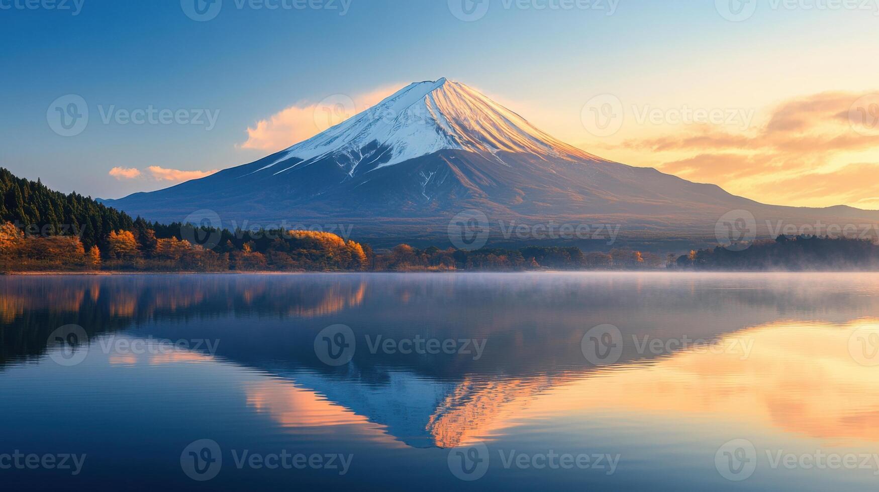 Snow covered mountain reflects in tranquil lake at dawn. Autumn trees line the shore. Mist rises from the water in peaceful landscape. photo