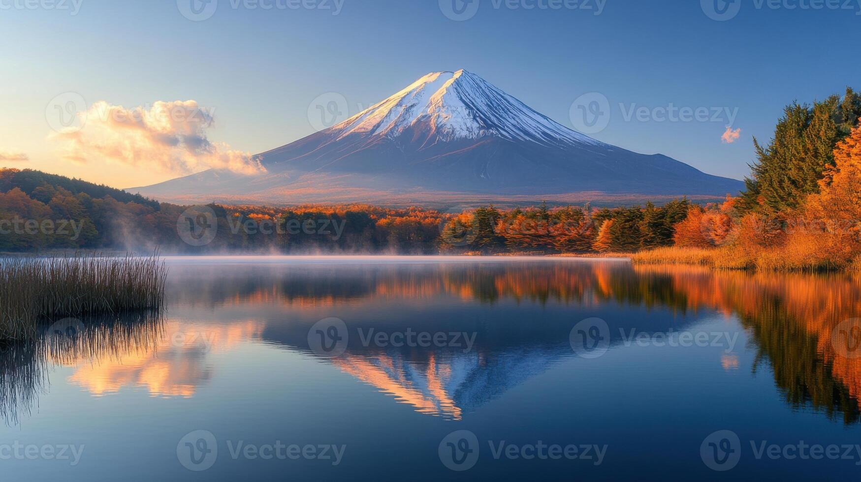 Snow capped mountain and autumn trees reflect on calm lake water under a blue sky with soft morning light and light mist. photo