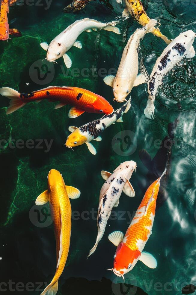 Colorful Koi Fish Swimming in Dark Pond. Overhead View of Various Patterned Fish Floating Together. Bright Orange and Yellow Colors in Water Garden. photo