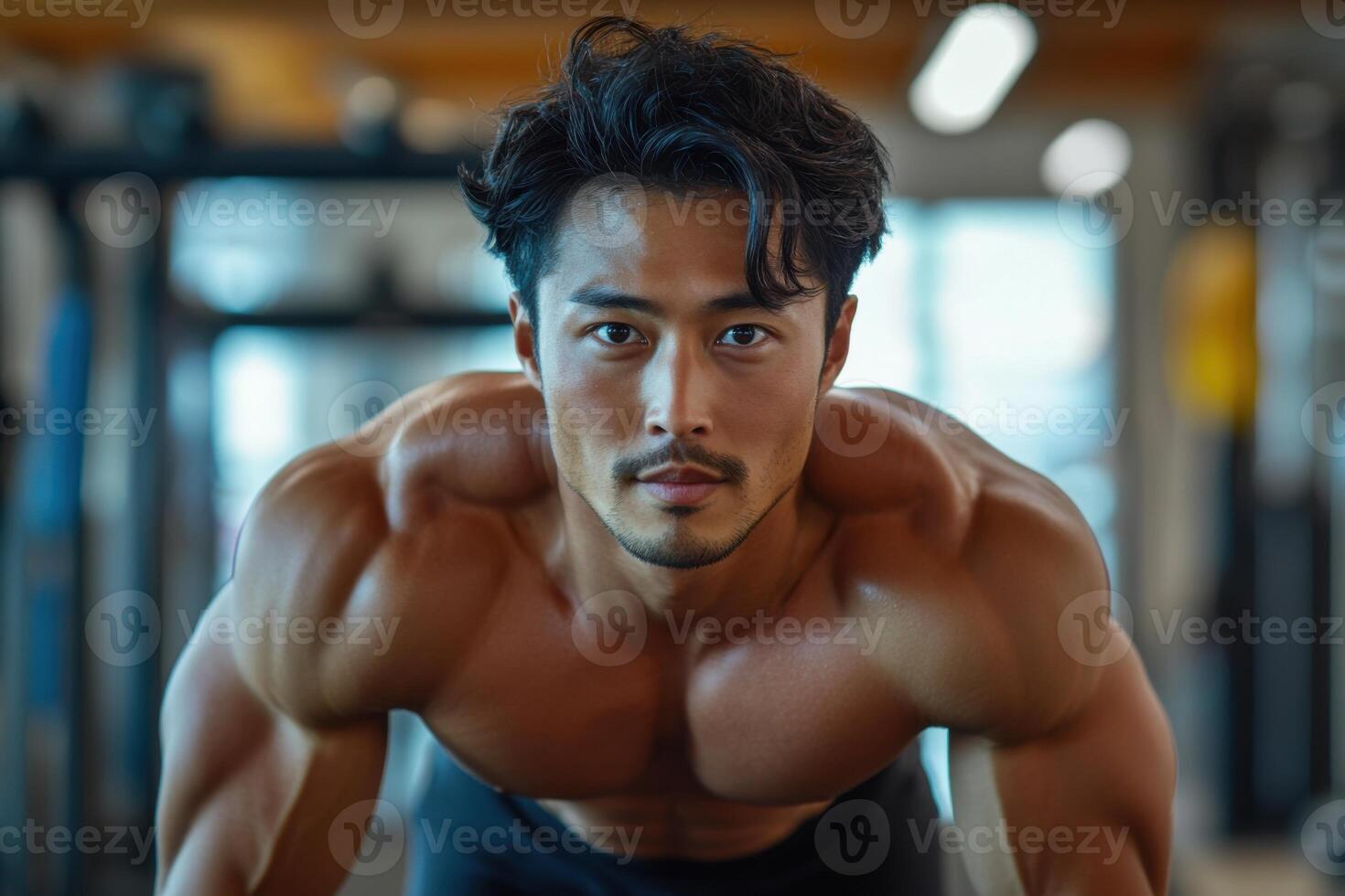 Muscular man is doing a push up in a gym. He is exercising to build body strength. Bright fitness center in the background. photo