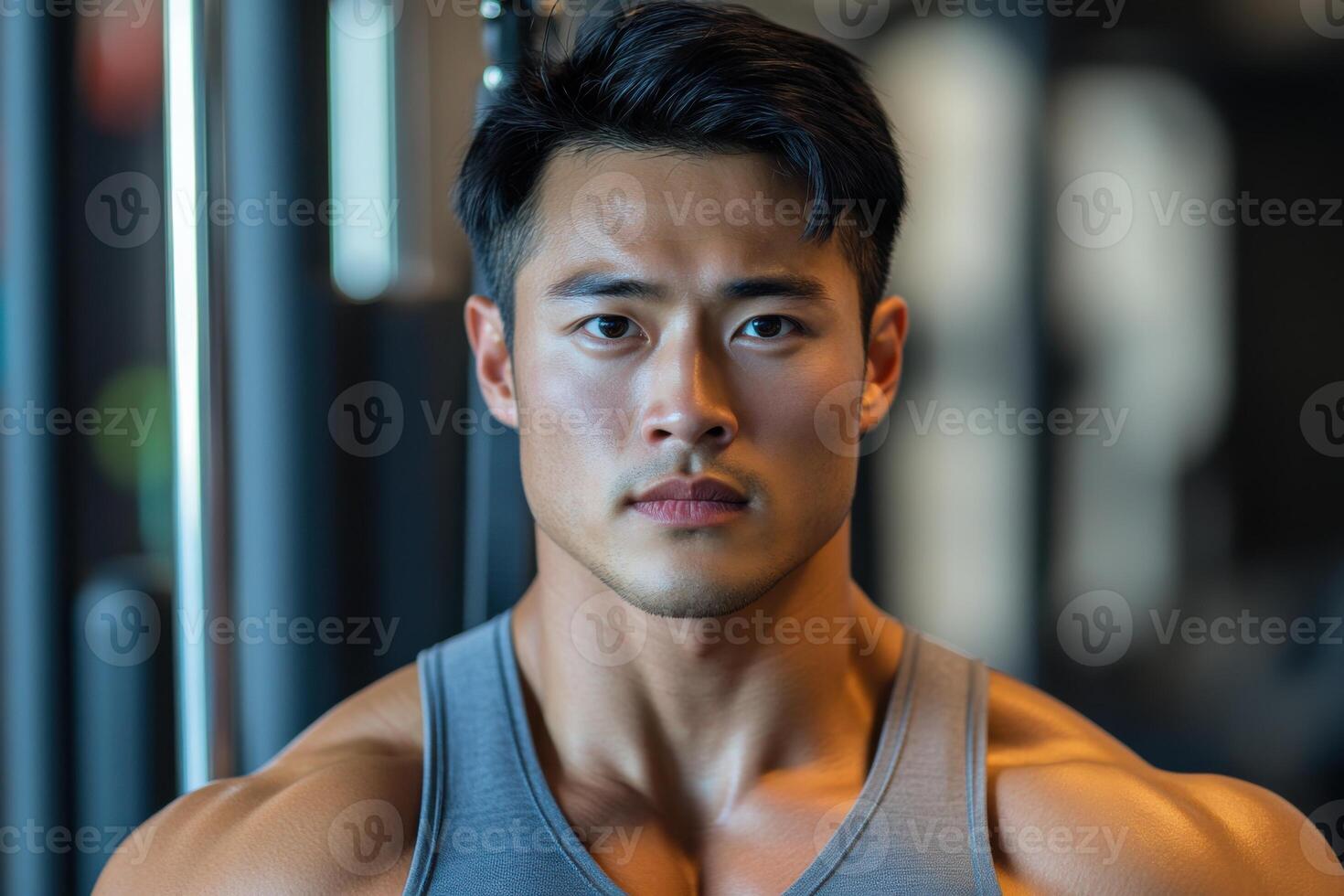 Strong man looks at camera in gym. Close up of face and shoulders in grey tank top. Fitness machine in background. photo