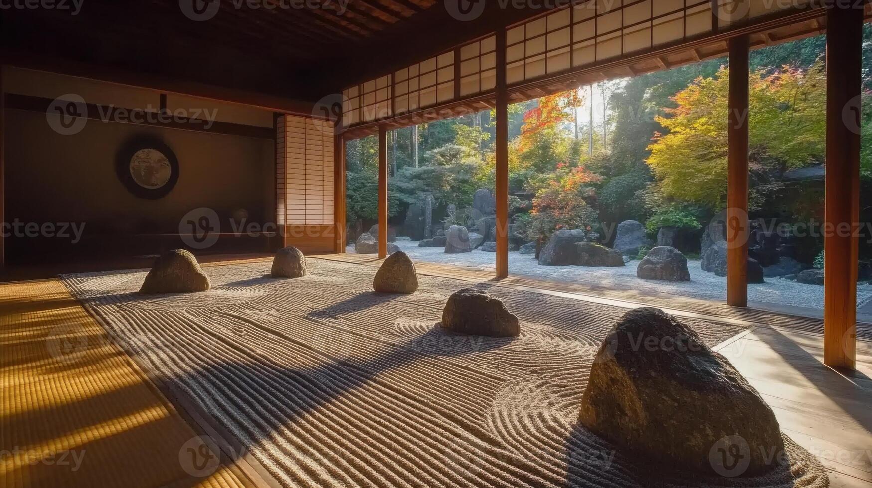 Zen garden inside building with raked sand and stones looking out to colorful trees. Peaceful scene with calming atmosphere and natural light streaming in. photo