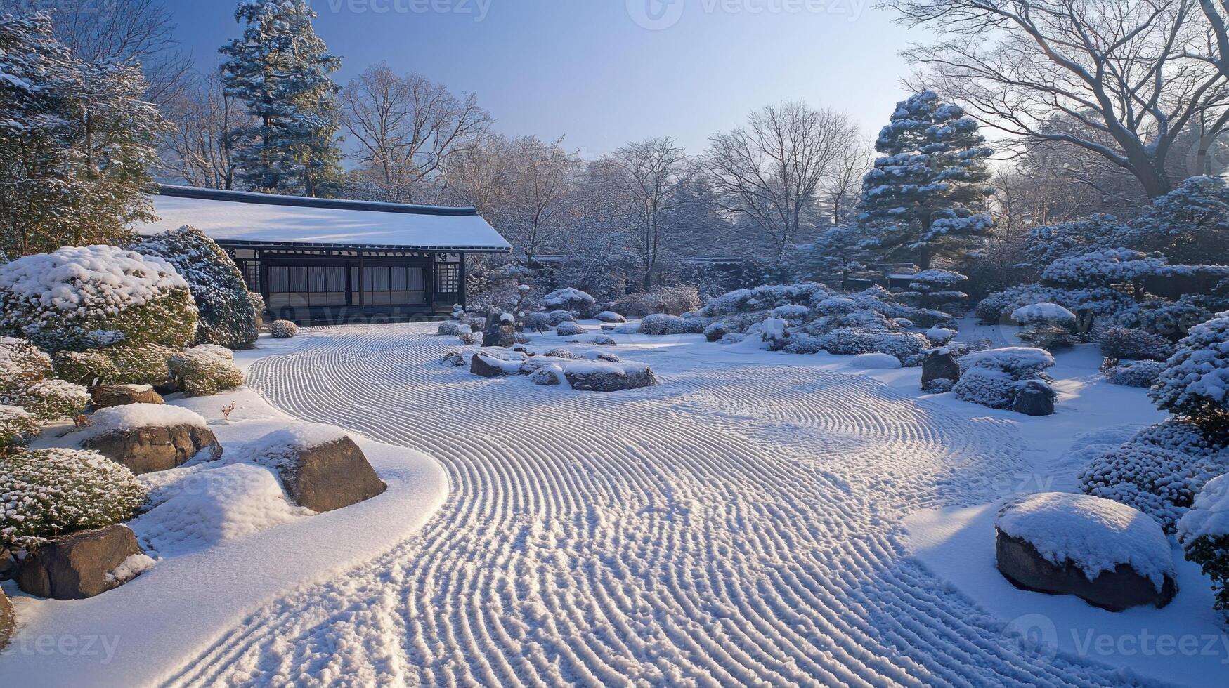 Snow covers a peaceful garden. A small building is in background. Rocks and trees are covered in snow. Clean lines cross the sand. photo