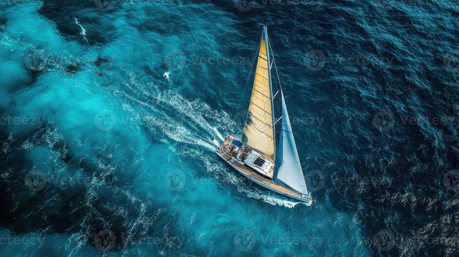 Sailing boat travels on the clear turquoise open water. Aerial view of a sailboat cruising on the ocean. Beautiful scenery with yacht. photo