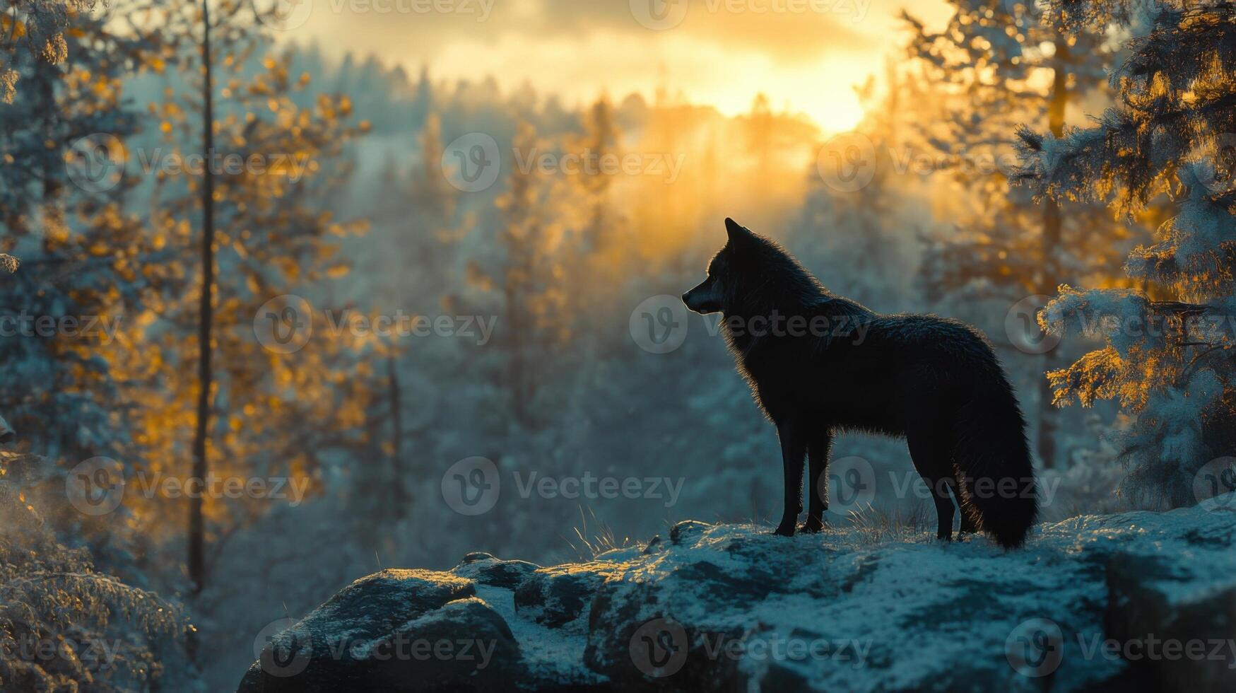 Black wolf stands alert on snowy rocks. Golden sunlight filters through winter forest trees in the background. Cold wilderness landscape at sunrise. photo