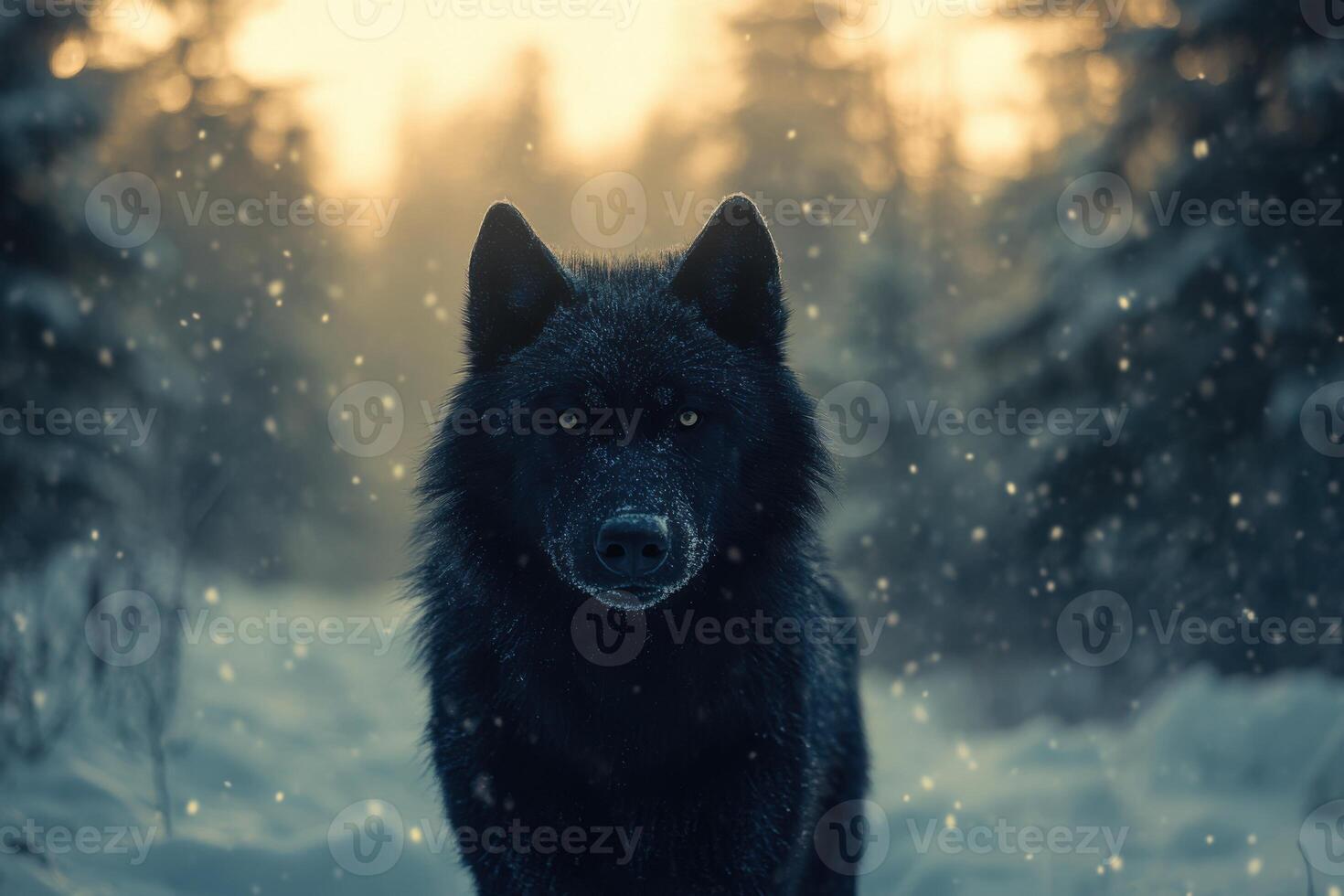 Dark wolf stands in a snowy forest. Snow falls gently around the wild animal with trees in the background and sunlight. photo