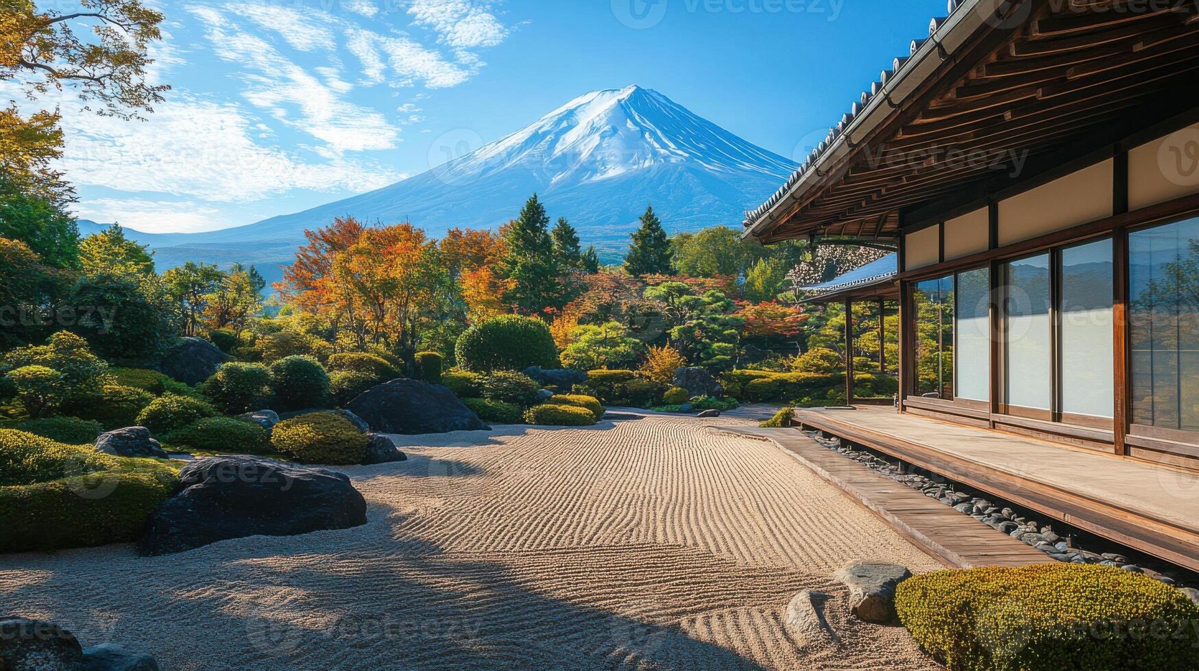 Zen garden with raked sand near traditional building and mountain in distance on a clear day with colorful autumn trees photo