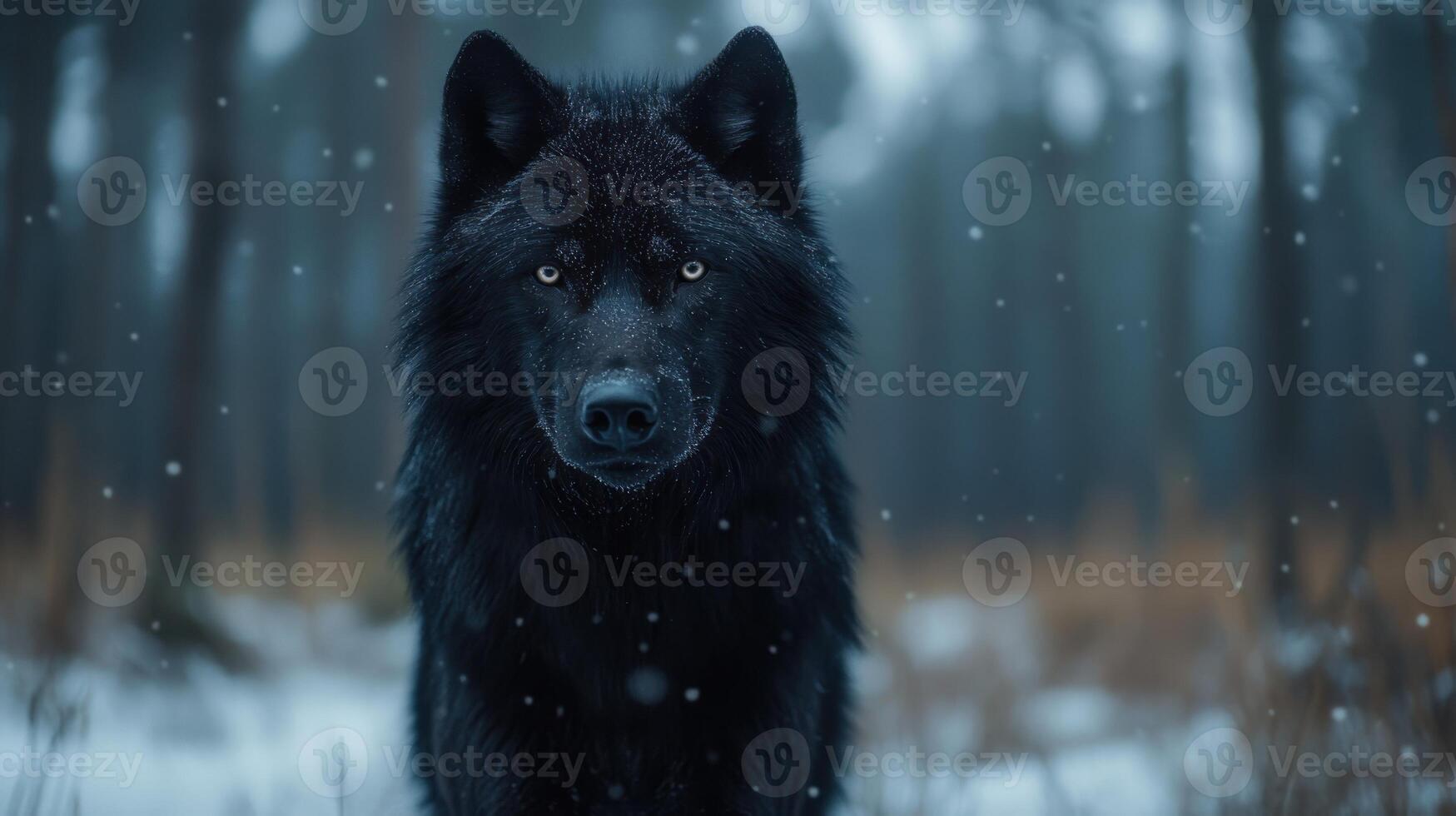 Black wolf stares forward. Snowflakes fall in a forest. Winter scene with snow on the ground. Moody atmosphere and focused gaze. photo