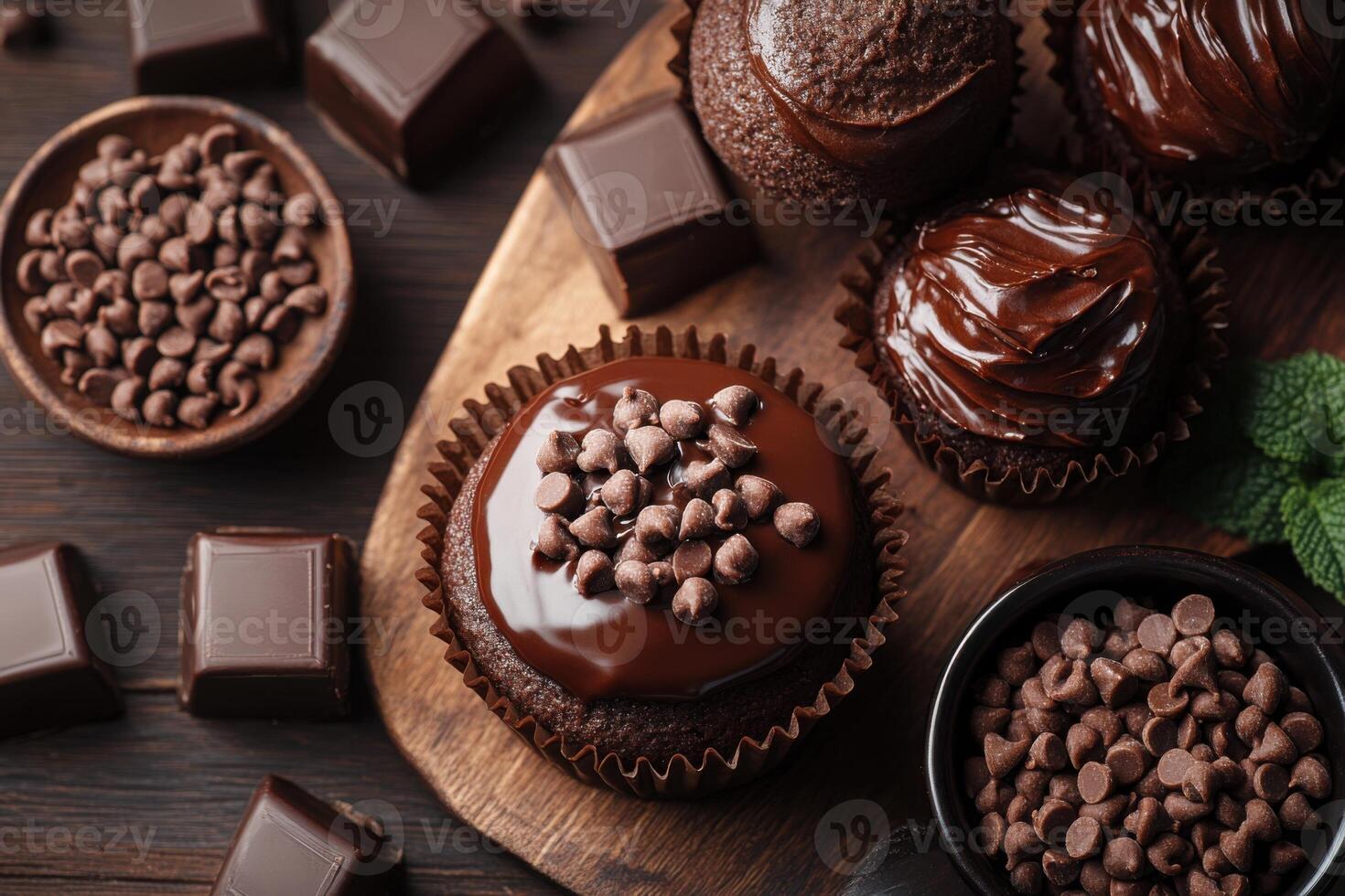 Chocolate cupcakes with rich frosting and chocolate chips on a wooden board with small dishes of chocolate and mint leaves top view photo