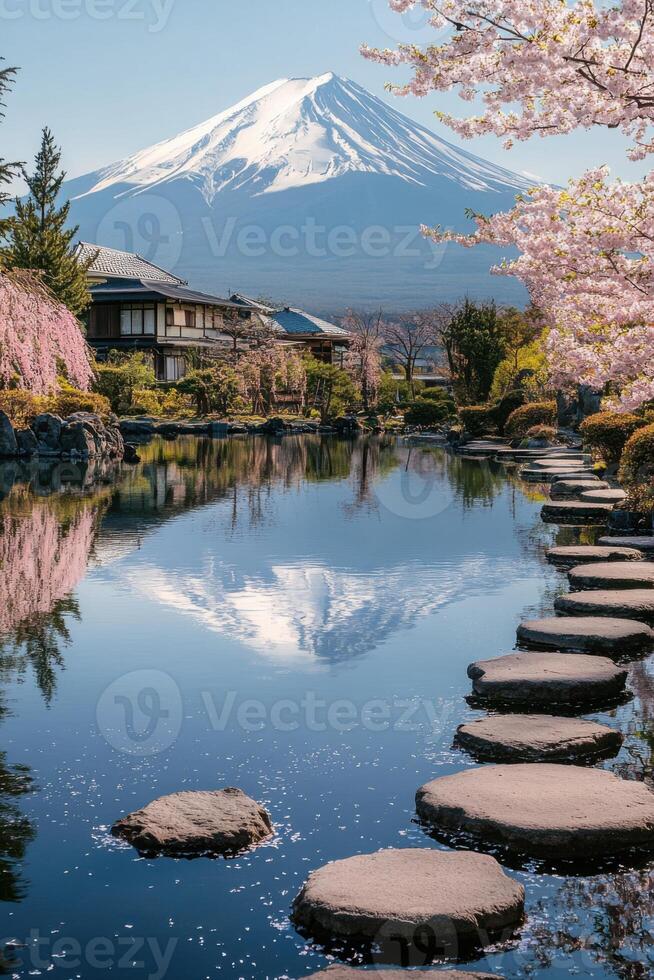 Snowy mountain reflecting in pond with stepping stones leading to gardens and a traditional building with spring blossom in bloom. photo