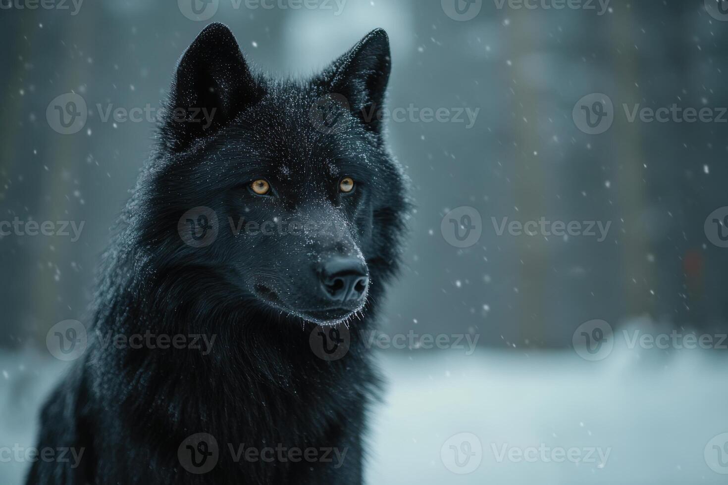 Black wolf stares intently. Snow falls softly. Winter scene. Forest background. Animal with bright yellow eyes in the cold wilderness. photo