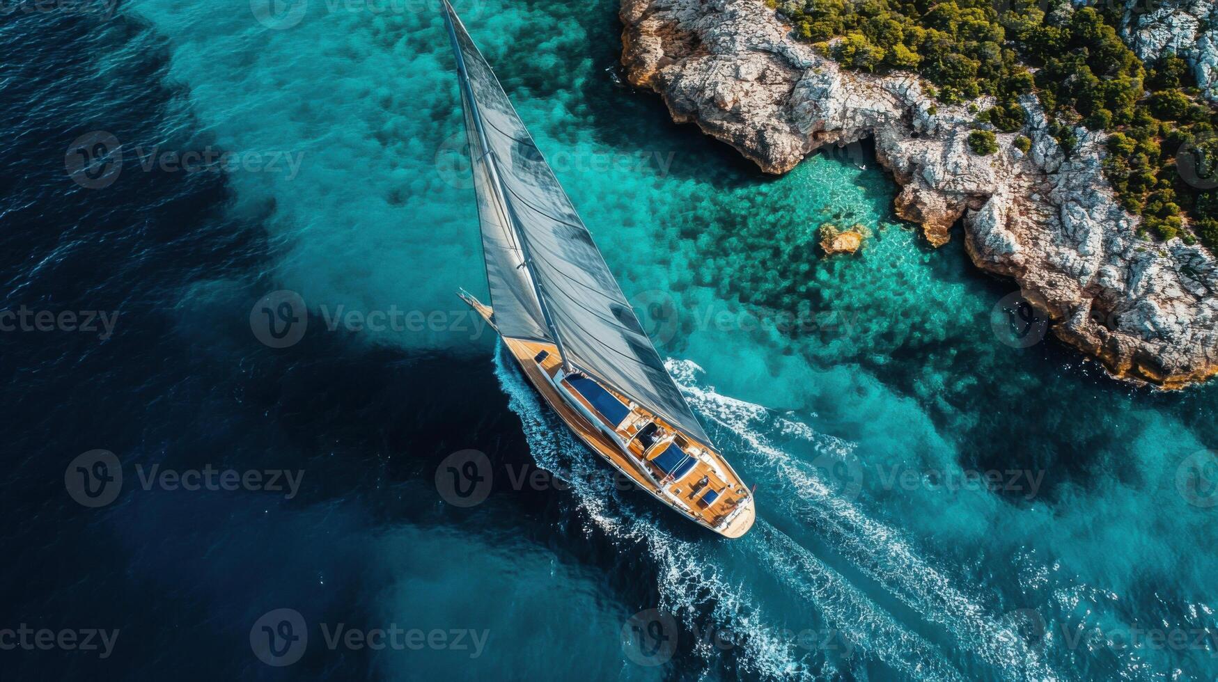 Sailing yacht navigates turquoise ocean water near rocky coastline. Aerial view of luxury boat sailing on a beautiful summer day along shore. photo