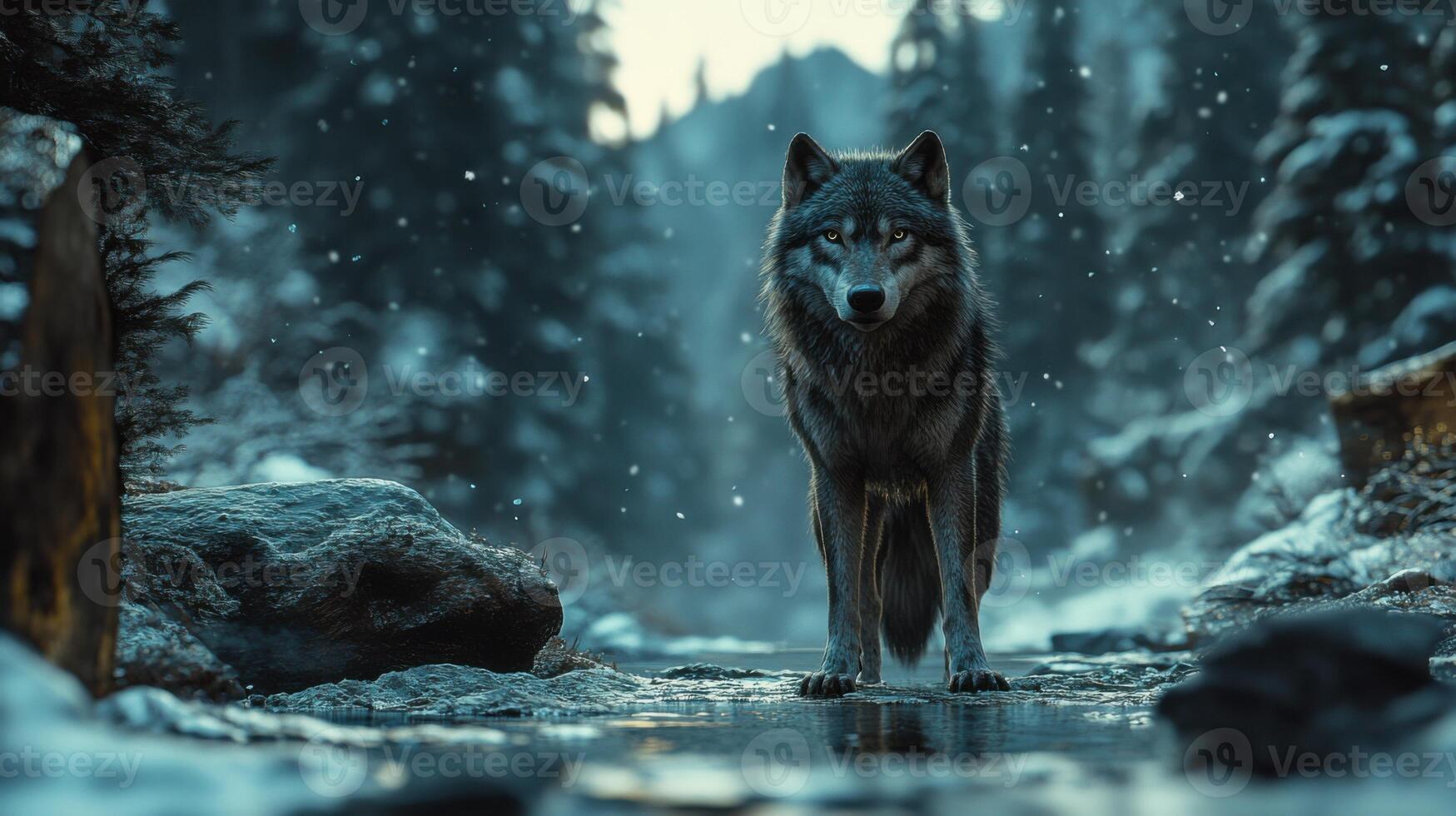 Wolf stands alert in cold water. Snow falls in dark forest with pine trees. Animal has intense stare and looks forward. photo