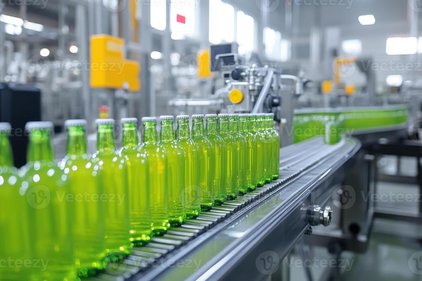 Green glass bottles move along metal conveyor belt inside a bright industrial manufacturing factory with automated machinery during production process photo