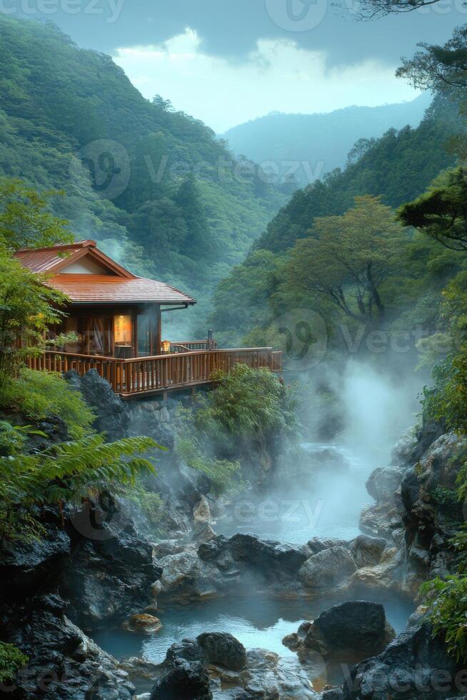 Wooden building overlooks natural hot spring. Steam rises in mountain valley. Lush green forest covers hills. Relaxing nature scene with water and rocks. photo
