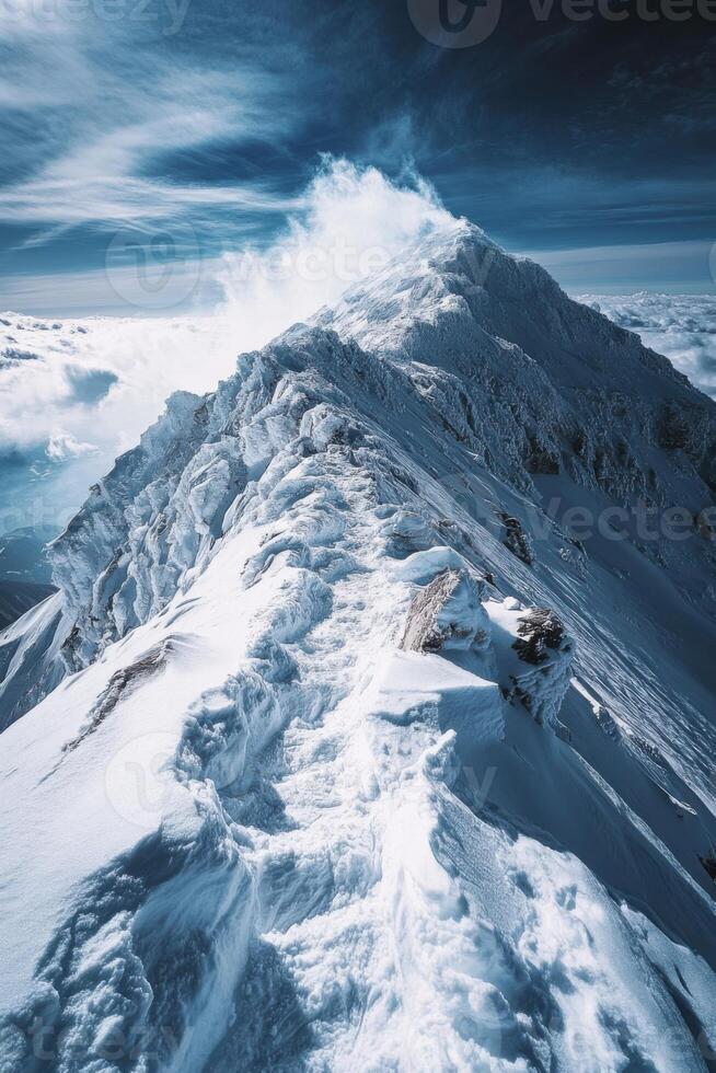 Snowy mountain peak under cloudy sky. Ridge covered in ice. White cloud at top. Winter landscape. High altitude scene. Majestic and cold. photo