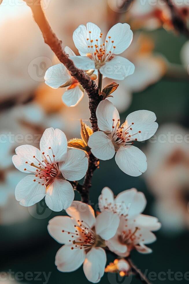 Close view of delicate white blossoms on a branch with blurred background. Soft sunlight filters through petals of spring flowers. photo