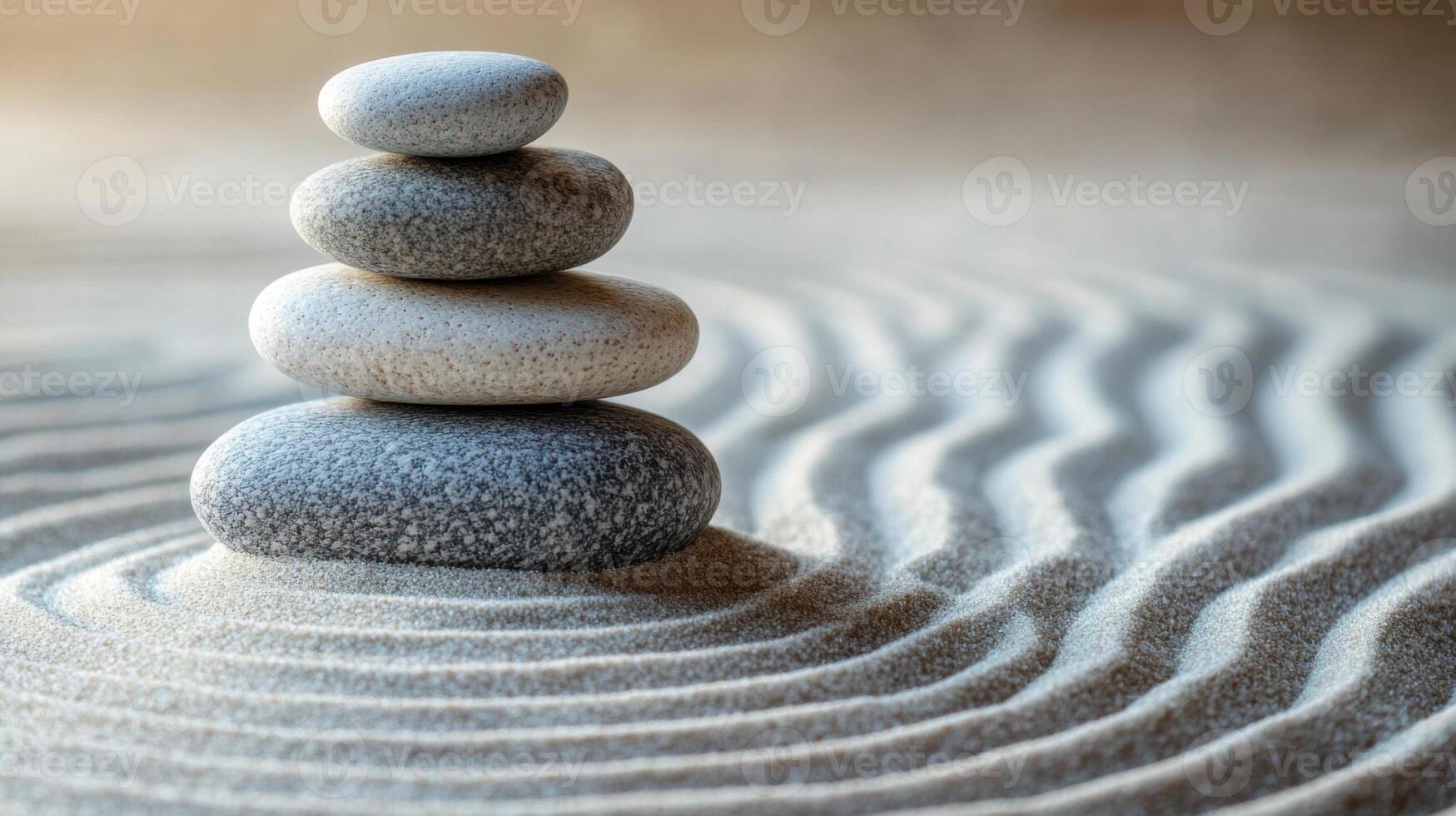 Balanced stones stand calmly on smooth sand. Zen garden shows relaxation with waves. Soft light and serene composition. photo
