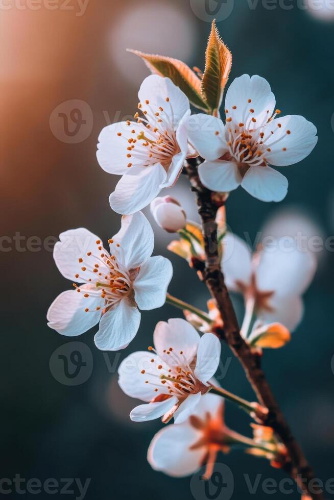 White blossoms bloom on a branch in spring sunlight. Delicate petals surround orange stamen against a soft dark background. Close up of flowering tree. photo