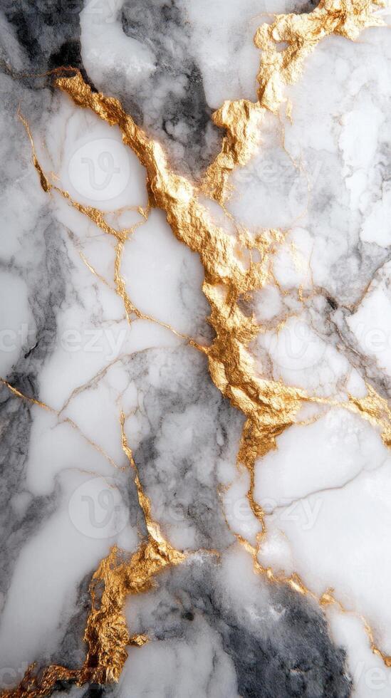 White marble surface with gray veins and rich gold details. Elegant stone texture design pattern. Luxurious background showing organic lines and shimmering light. photo