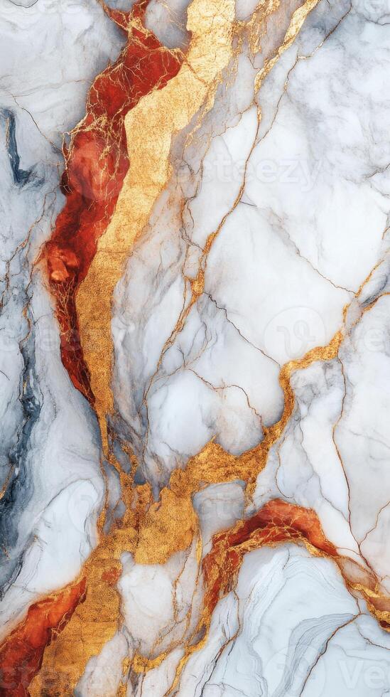 Elegant marble pattern texture with gold and red veins. White stone background with abstract swirls, modern and luxurious wallpaper. Beautiful backdrop. photo