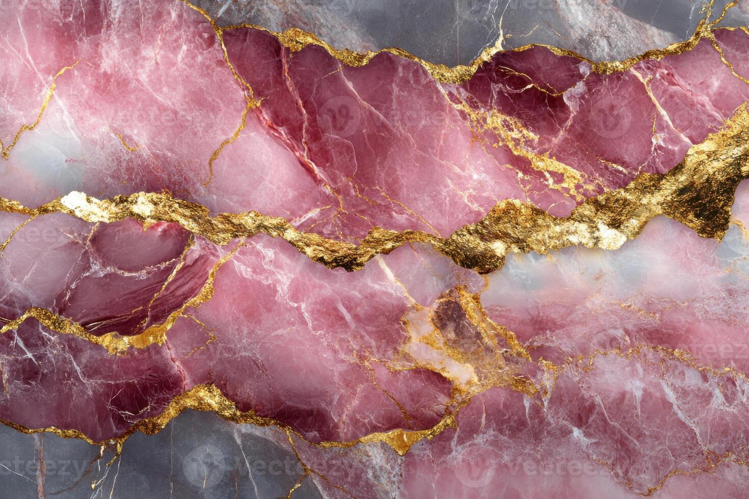 Pink and gray stone texture with golden veins. Abstract pattern of natural stone. Polished surface with cracks and shimmering gold details. photo