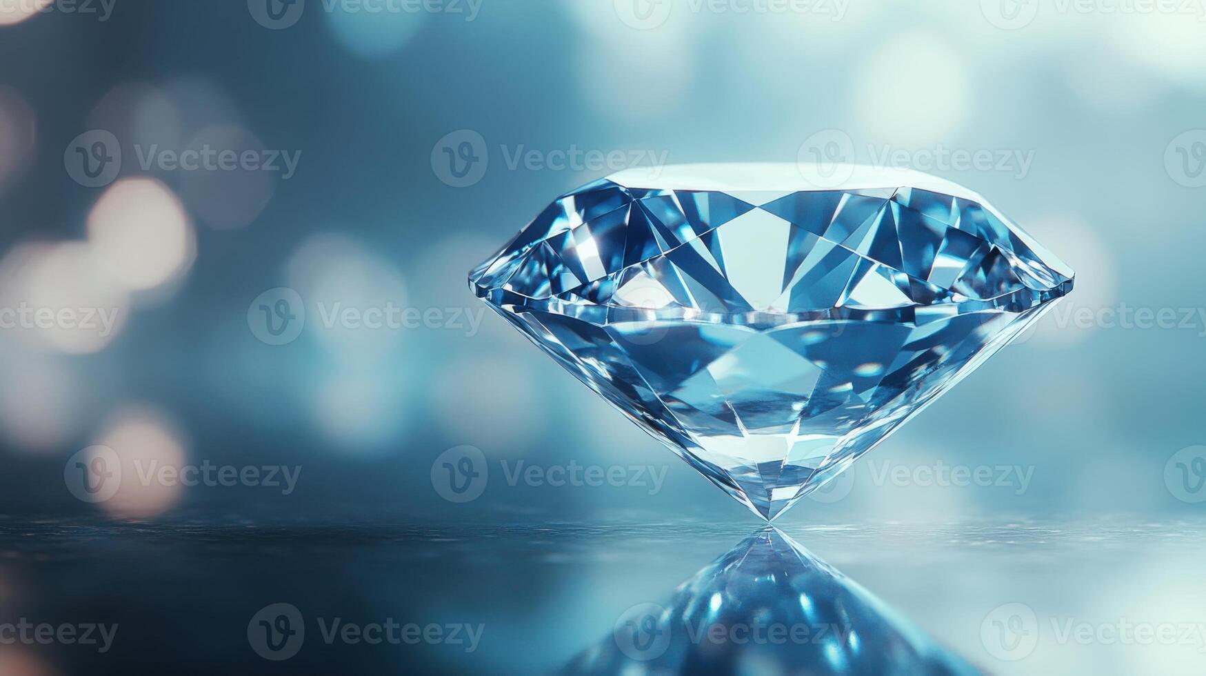 Brilliant cut diamond. The clear gem sits on a reflective surface. Defocused bright spots and blue backdrop. Luxury and wealth concept. photo