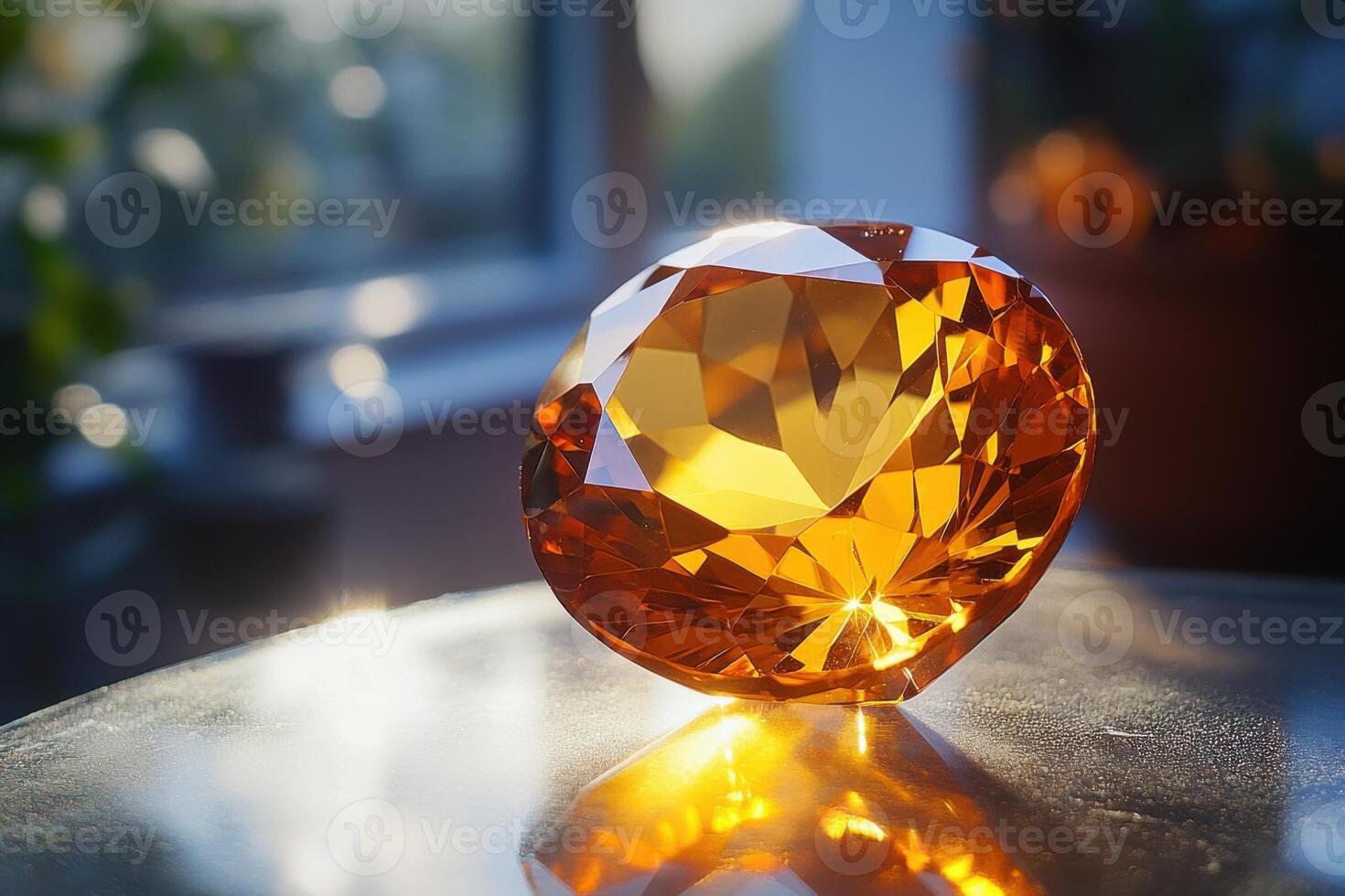 Orange gemstone rests on a reflective surface. Light shines through the facets. A window and greenery are blurred in the background. photo