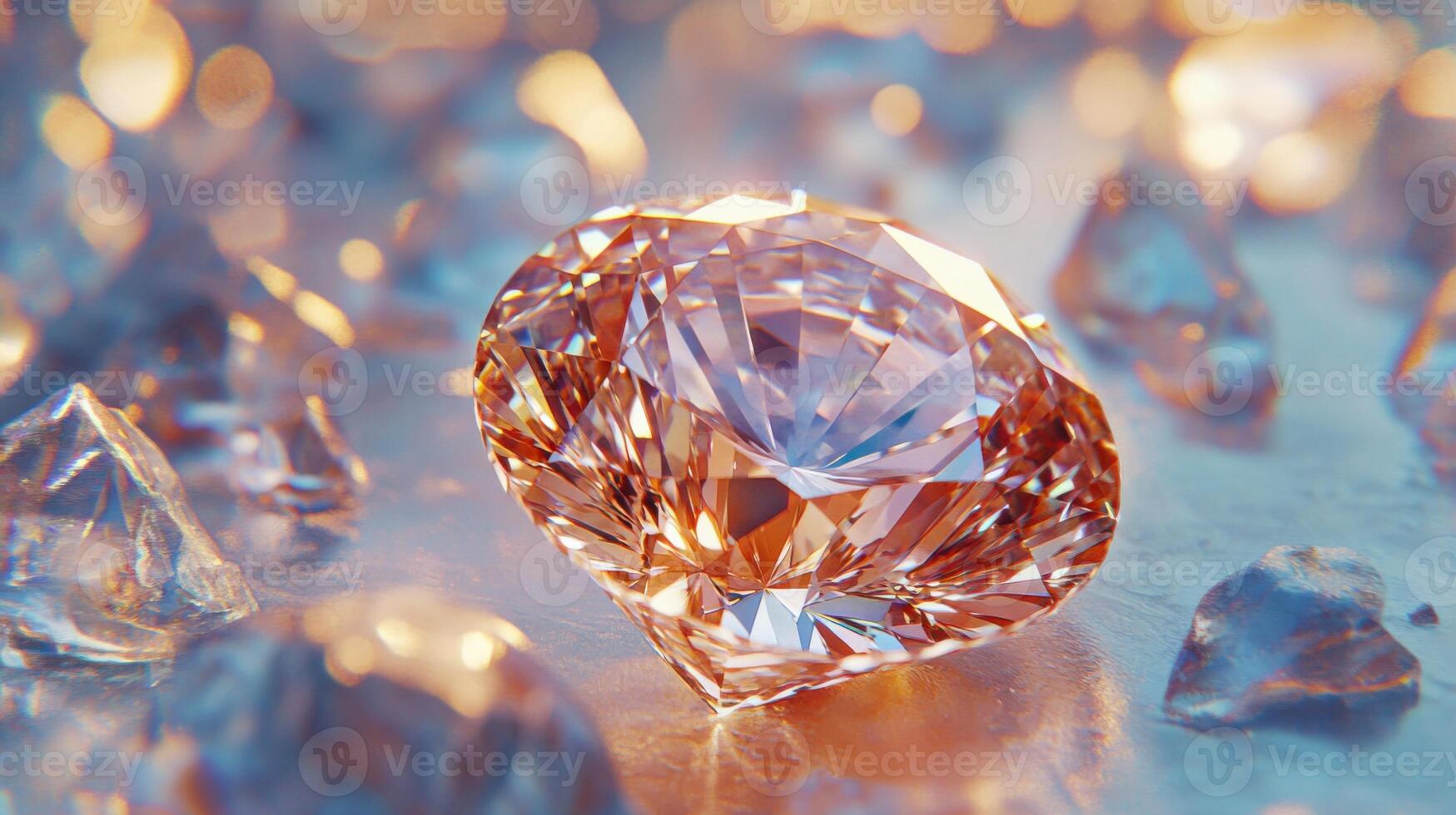 Large cut gem with smaller gem fragments on a reflective surface with soft bokeh light beautiful gemstone jewelry precious stones photo