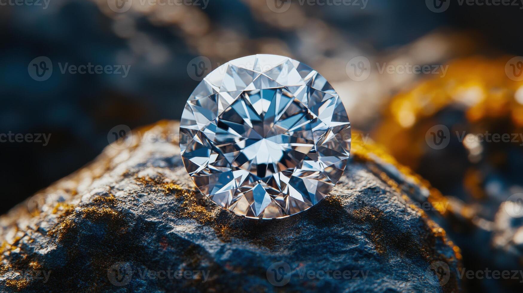 Sparkling clear diamond sits atop a dark rough stone. Gem reflects light with many facets. Detailed stone surface has some moss. Close up view. photo