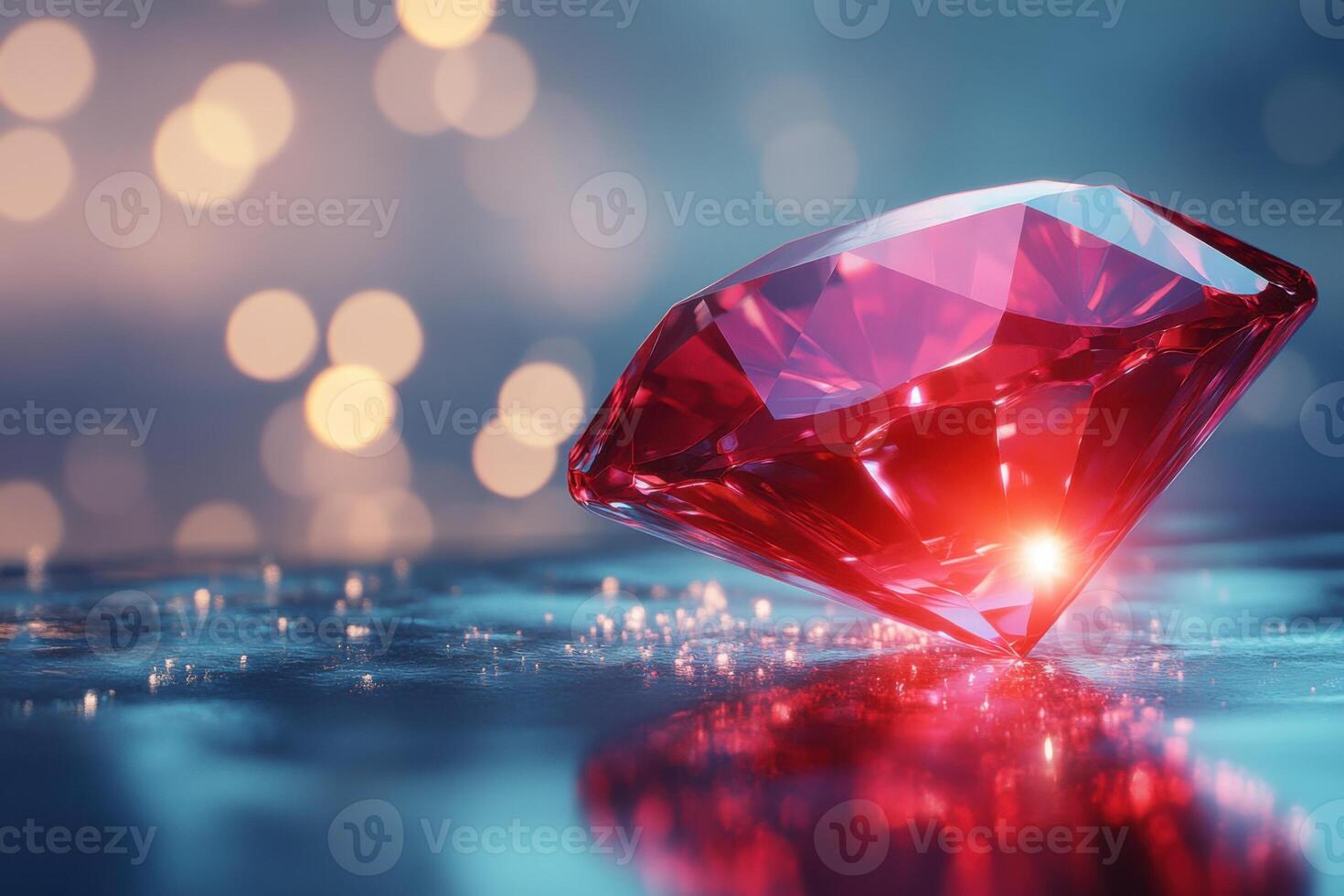 Large red gem rests on reflective surface. Small lights sparkle. Round lights glow in soft background. Luxury stone with bright reflection. photo