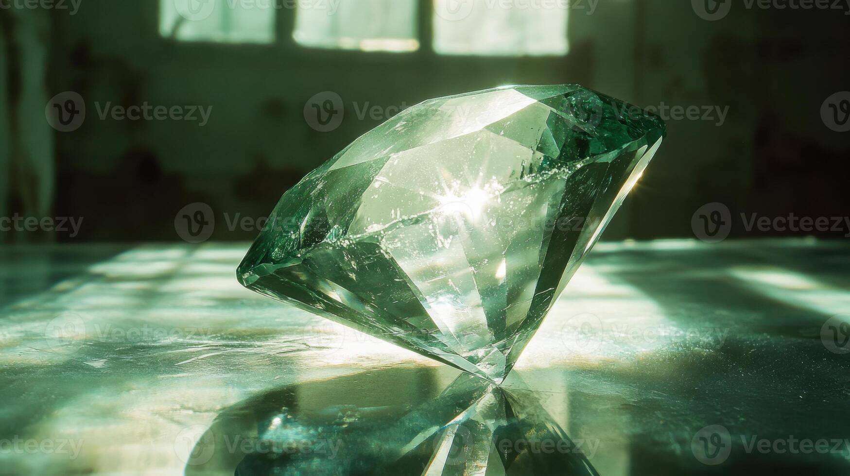 Large green diamond shines on a reflective surface. Sunbeams illuminate the precious gem in an old room with light streaming through a window. photo