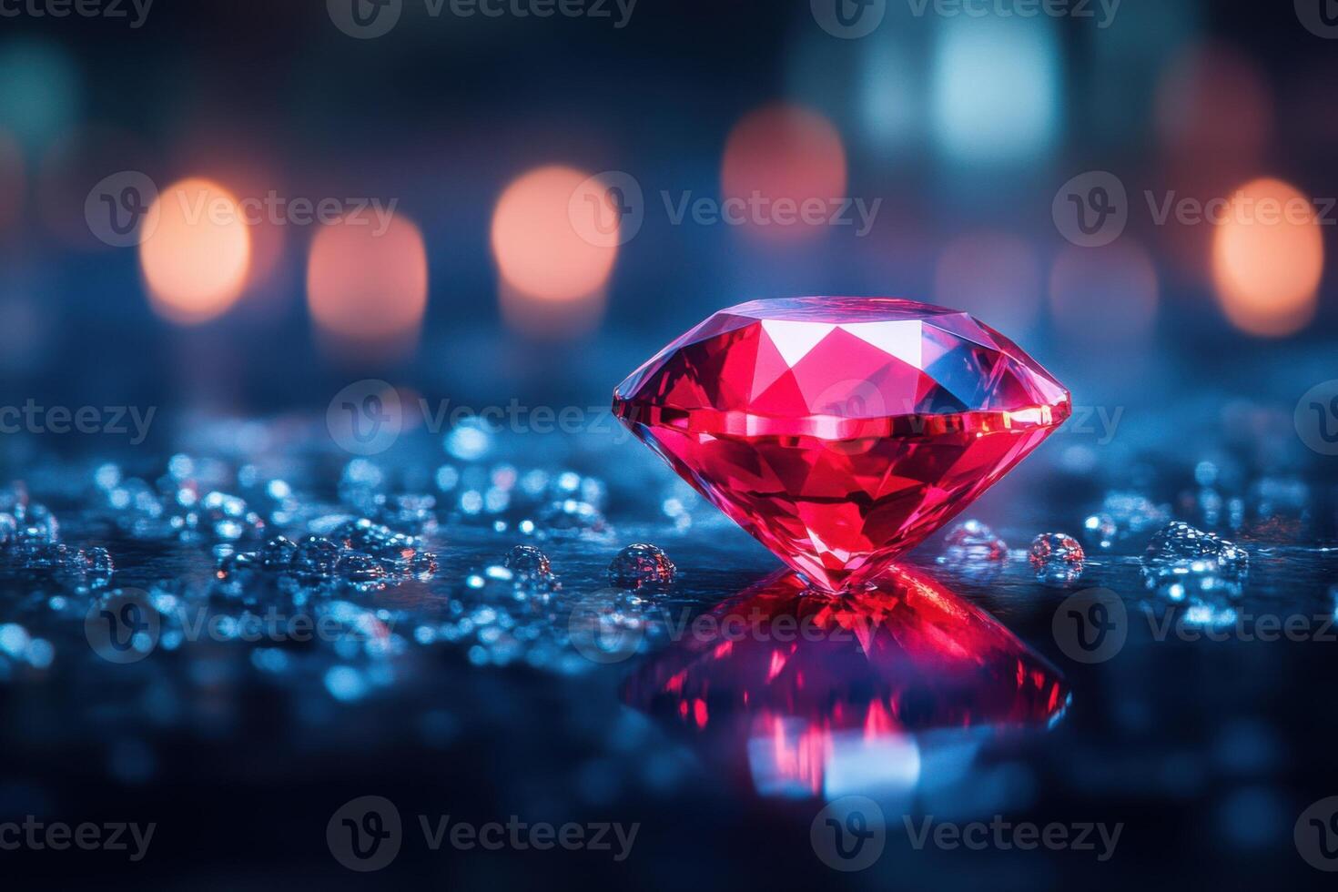 Red gemstone shines on reflective dark surface. Small gems scattered around. Bokeh lights blur in the distance. Luxurious jewel detail with intense color. photo