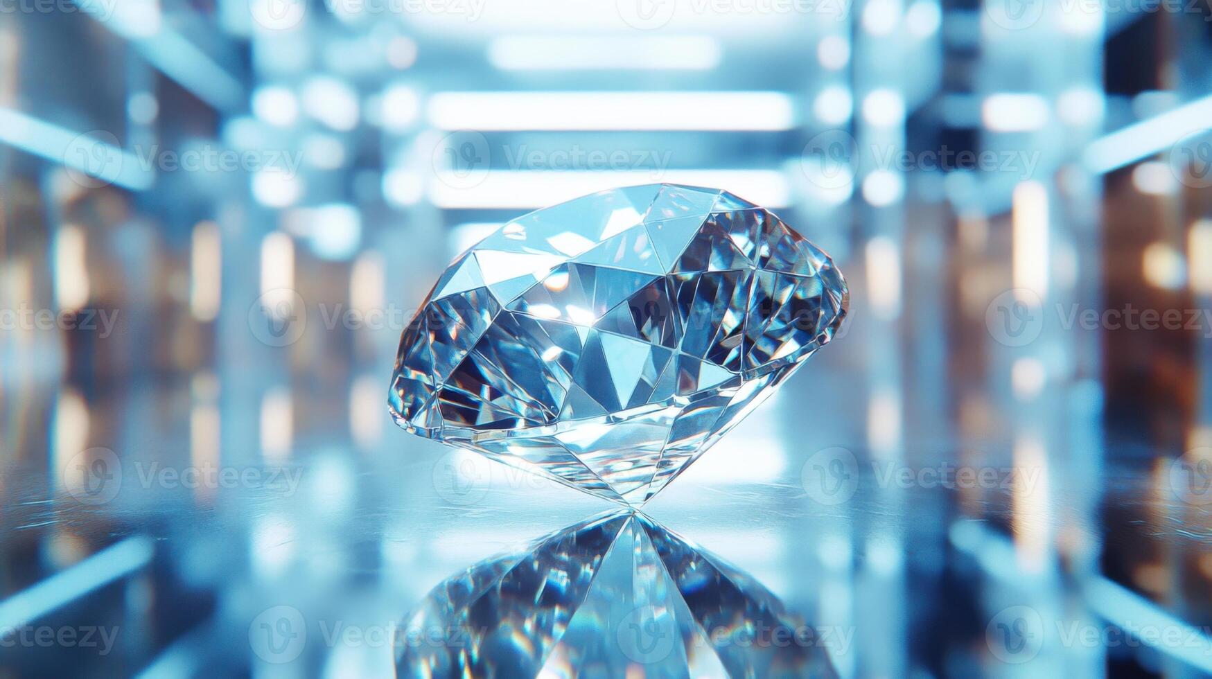 Brilliant cut diamond on reflective surface. Jewel in modern interior with soft blue light. Faceted gemstone with crystal clarity and precise cut. photo