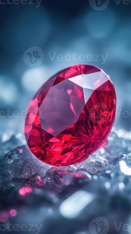 Sparkling red gem sits on cool icy stones. Shiny ruby with many facets in bright studio light. Blurred blue background completes scene. photo