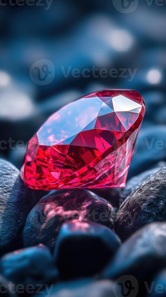 Red gem on dark pebbles. Faceted ruby or garnet stone. Sparkling jewel sitting on a pile of rocks. Focus on crystal, elegant treasure. photo