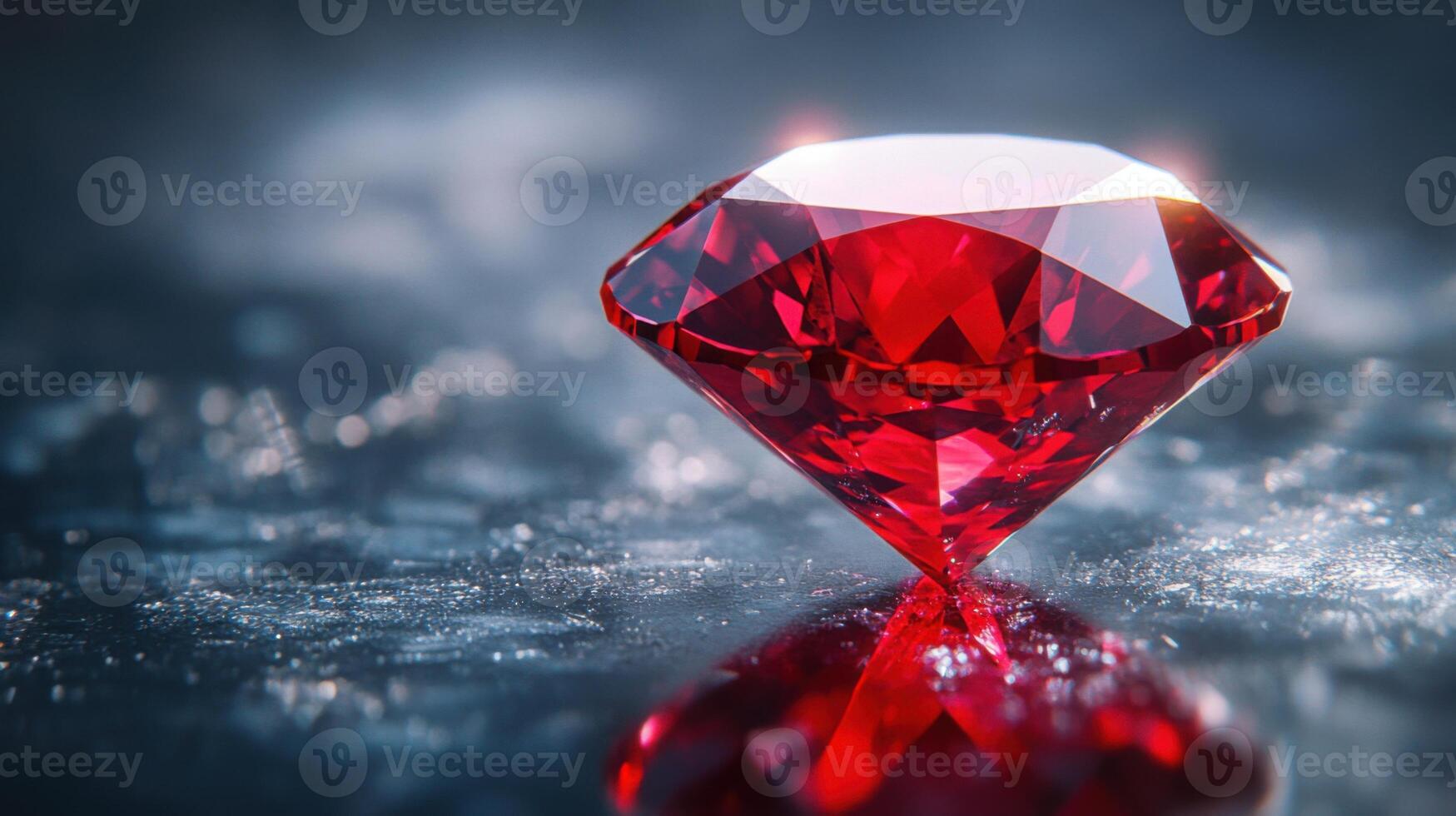Large ruby gemstone rests on speckled surface. The red stone reflects light. Diamond cut with bright color and dark background. photo