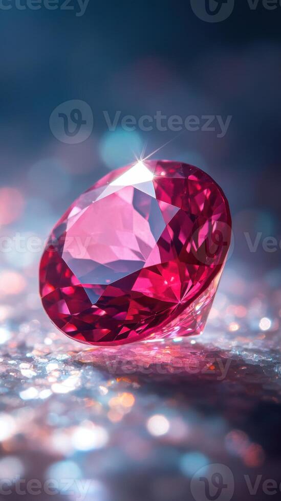 Pink gem resting on a glittering surface. Bright light reflects off the gemstone. Bokeh in the background with shades of blue and pink. photo
