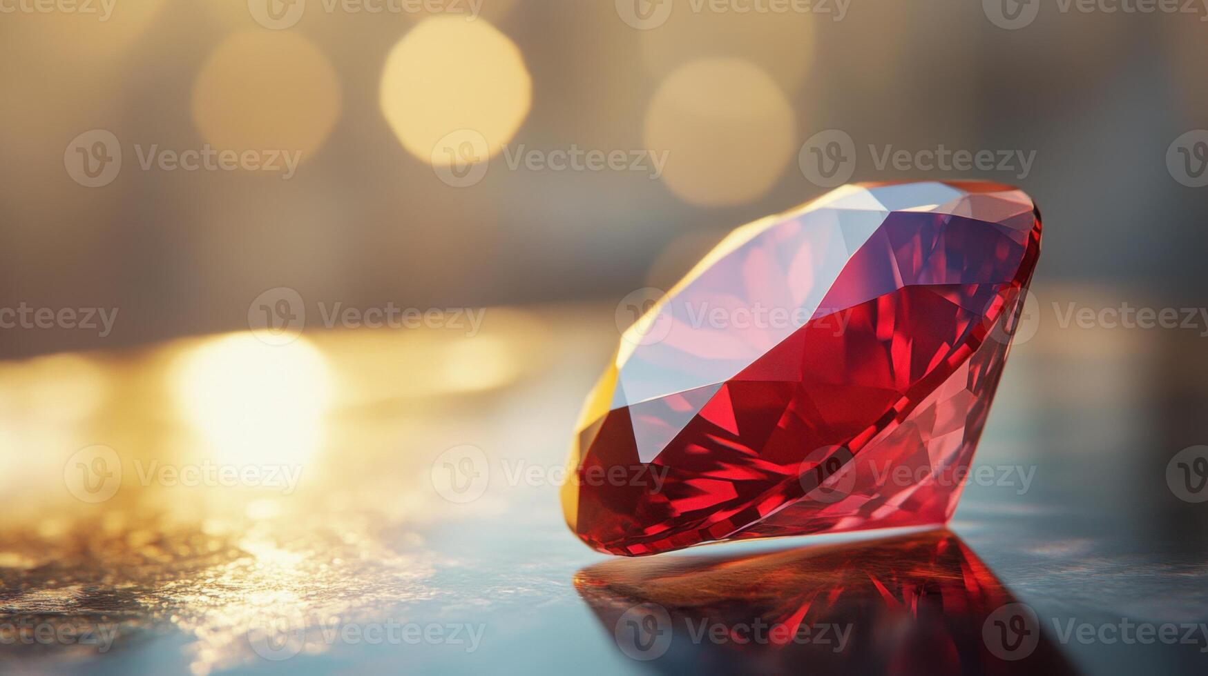 Close up of a red gemstone on a surface with a blurred light background. The ruby has many facets and a reflection. photo