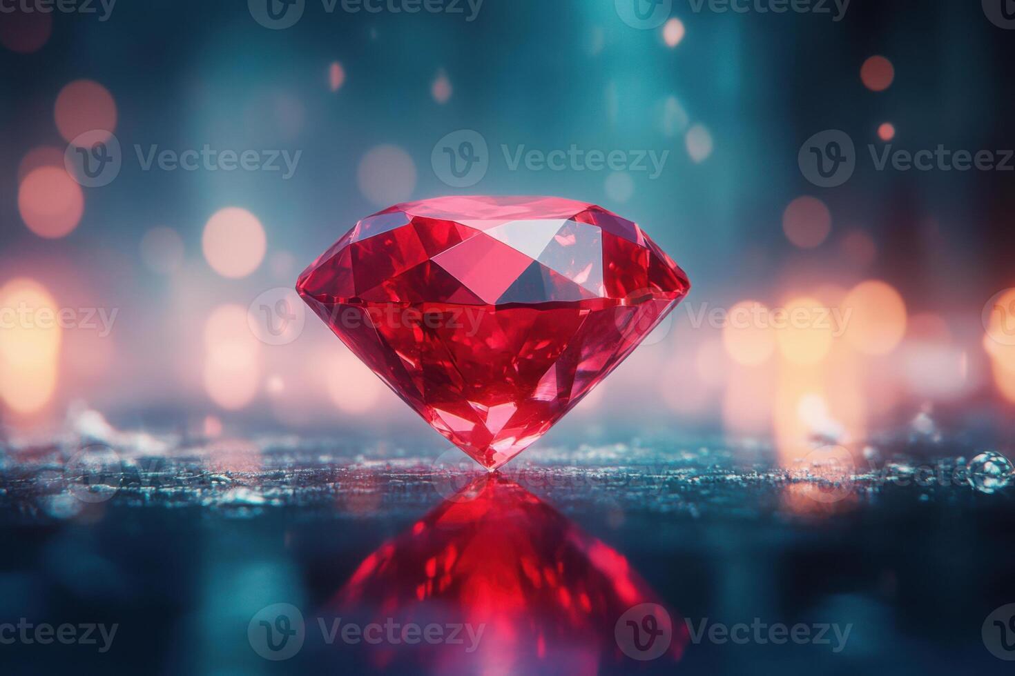 Sparkling red gemstone reflects on dark wet surface. Soft bokeh lights glow in the distance. Jewel shines with vibrant color and sharp facets. photo