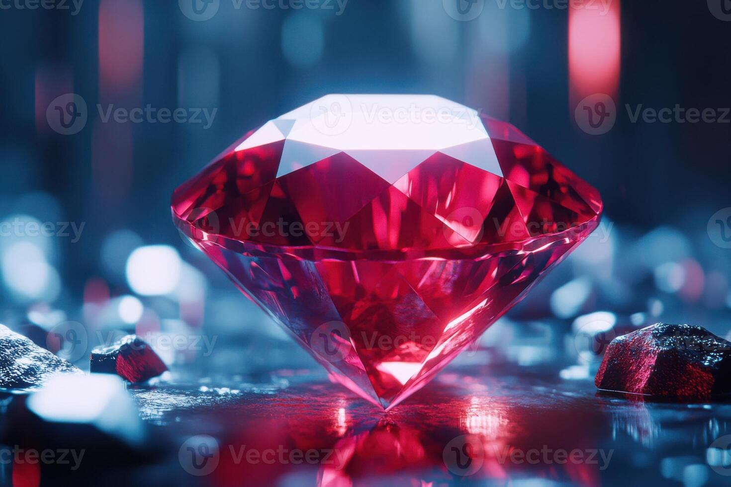 Large red gem resting on dark surface. Facets reflect the light. Small stones around the main gem. Elegant and shiny with blue light background. photo